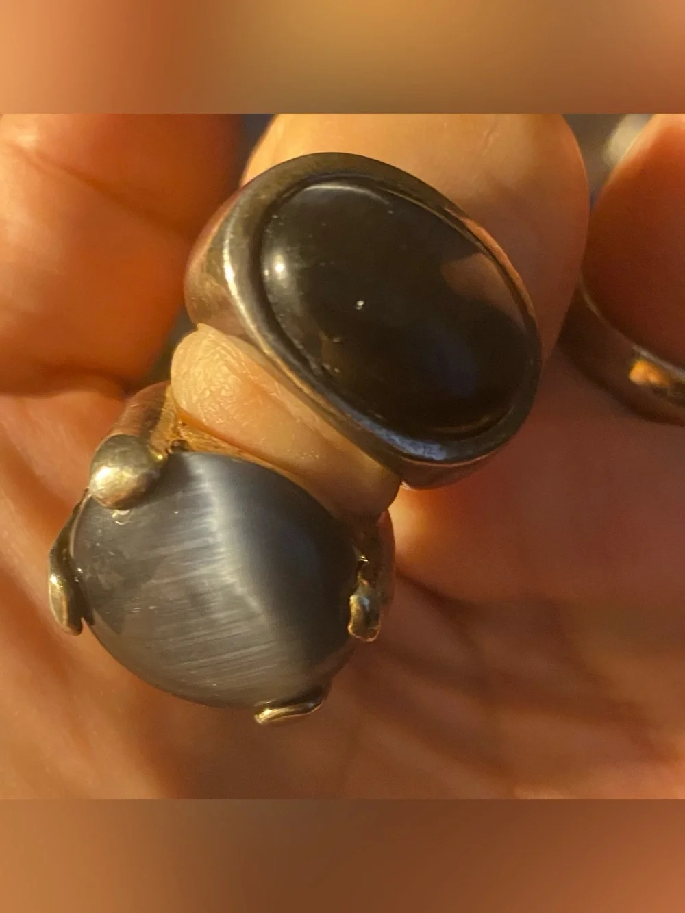 Vintage Cat's Eye Statement Ring Lot (2) Grey Blue & Black Moon Glow Size 6 Boho